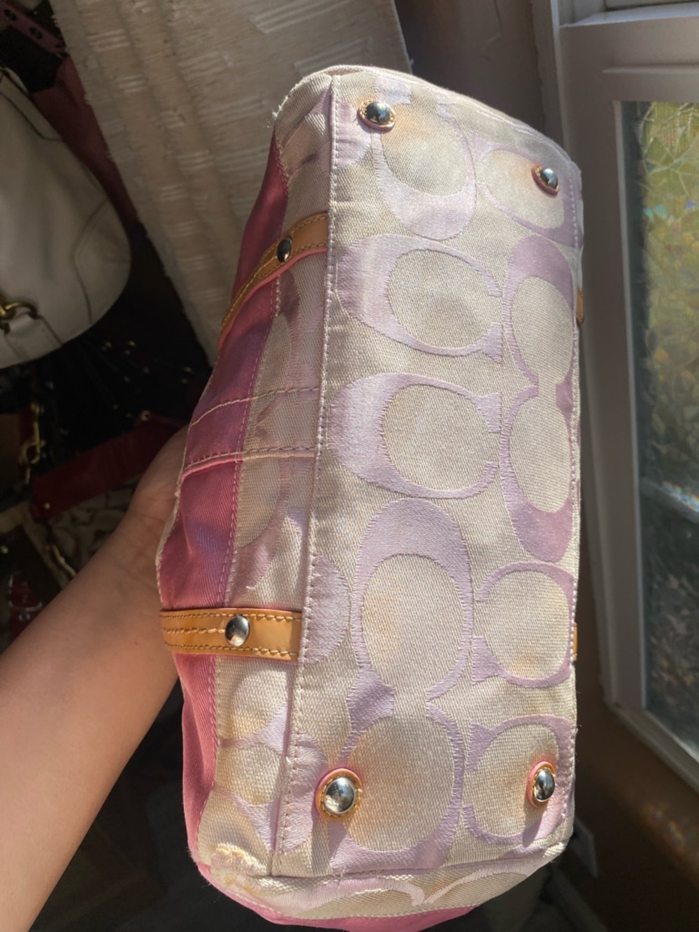 Coach Baby Pink Signature Stripe Canvas Satchel - Picture 6 of 7